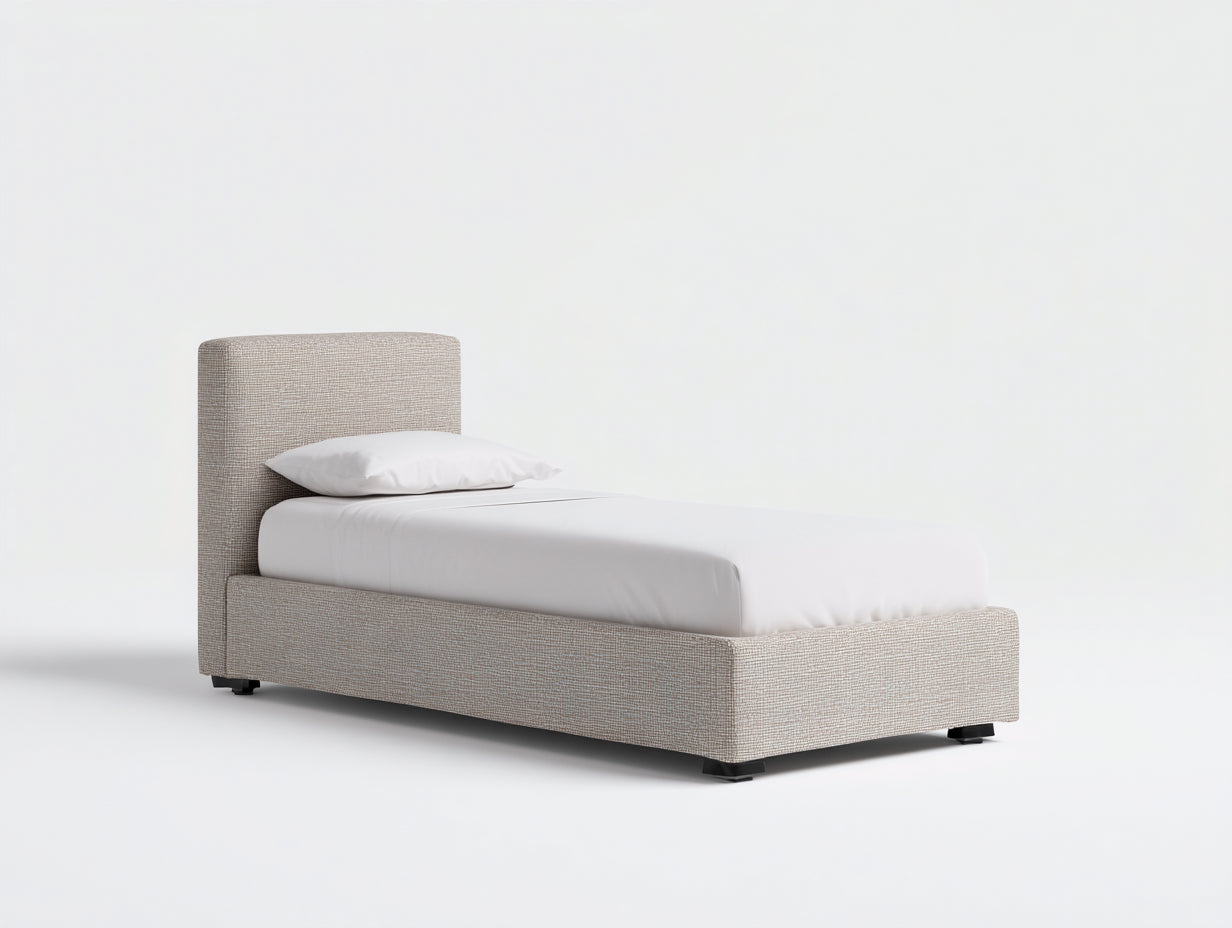 Einzelbett mit Stoffbezug 215x112x125 cm Beige mit gepolstertem Kopfteil und modernem Design