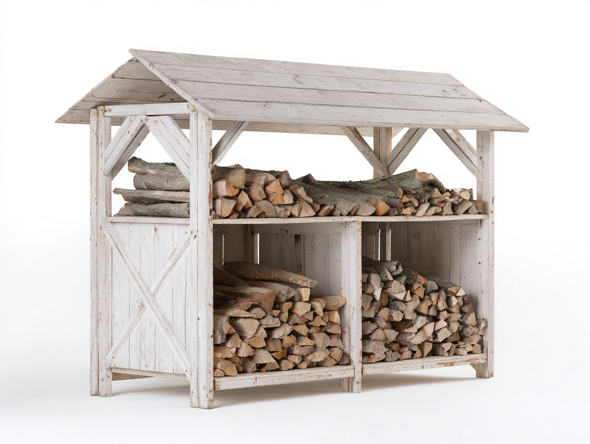Kaminholzregal aus Holz mit 200 x 70 x 180 cm - Weiße Oberfläche mit zwei Lagerebenen und Satteldach - Praktische Holzlagerung für den Außenbereich