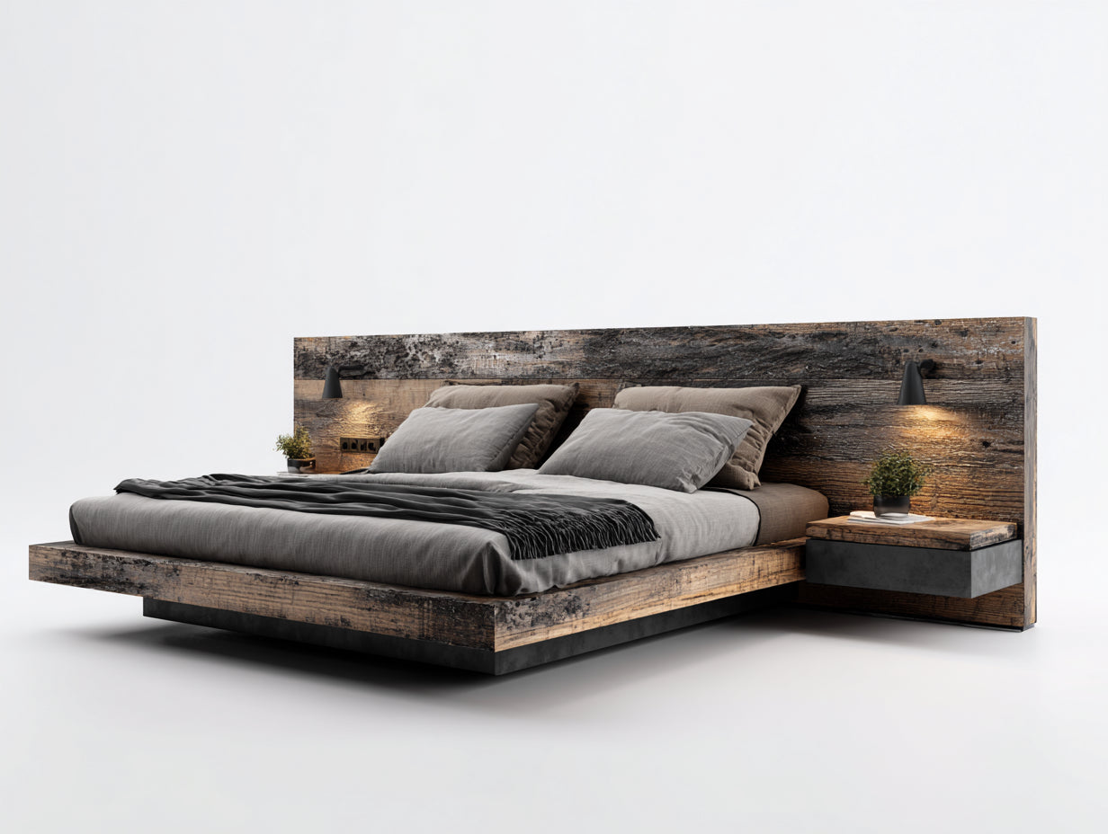 Doppelbett aus Holzwerkstoff 240x300x110 cm - Braun-Schwarz - mit Kopfteil und 2 Nachttischen