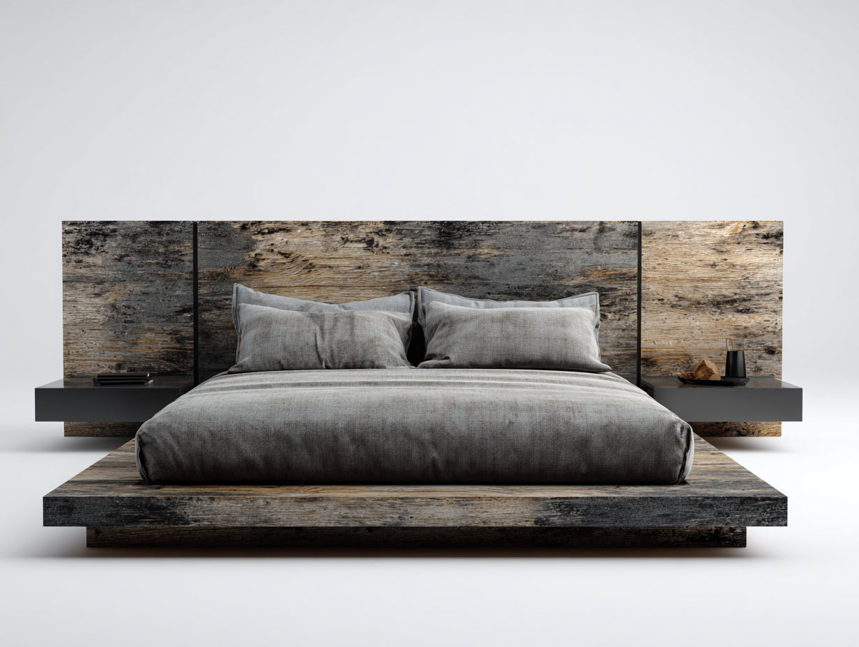 Doppelbett aus Holzwerkstoff 225x210x105 cm - Altholzfarben-Anthrazit - Breiter Bettrahmen mit integriertem Kopfteil und Ablagen im Industrial-Stil für Schlafzimmer