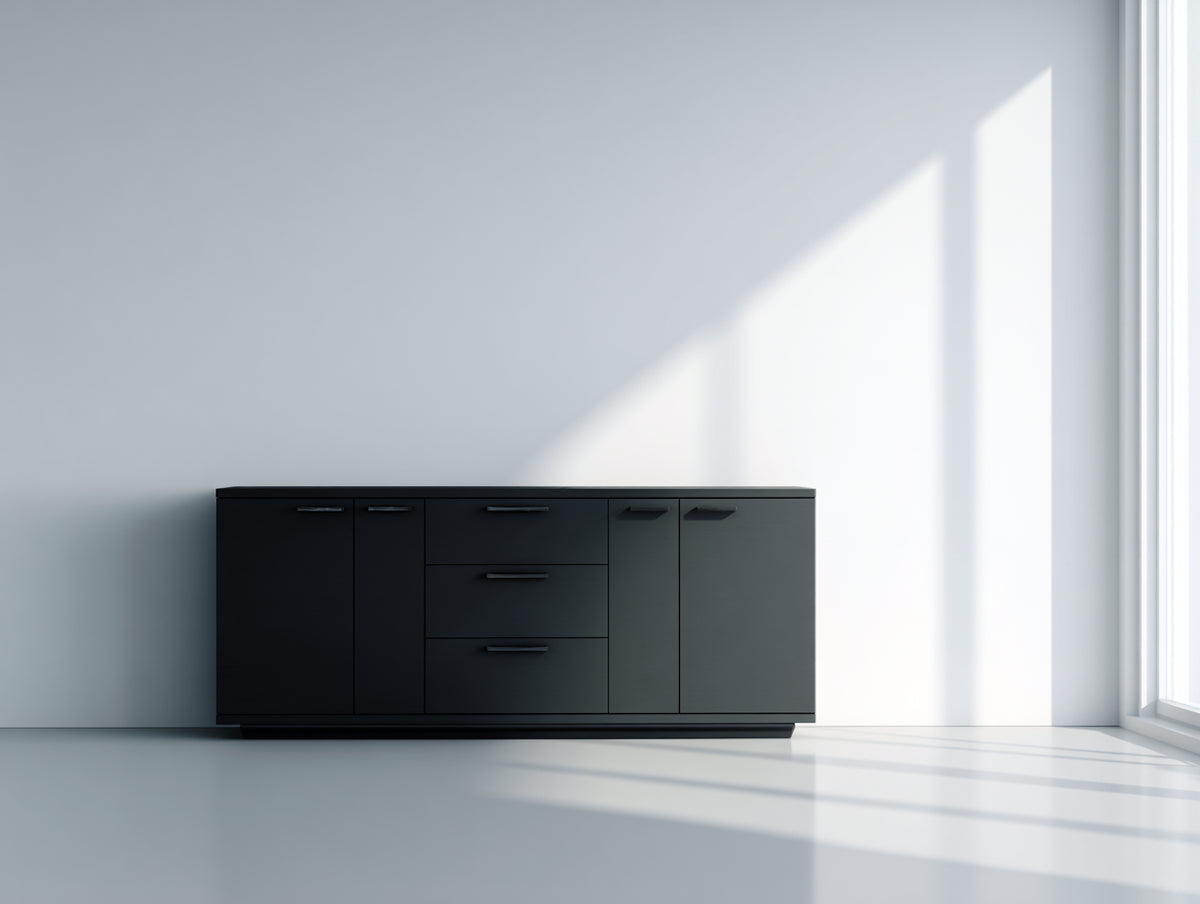 Dielenschrank aus Holzwerkstoff mit 180 x 40 x 80 cm - Schwarze Oberfläche mit 4 Türen und 3 Schubladen - Modernes Design für Flur und Eingangsbereich