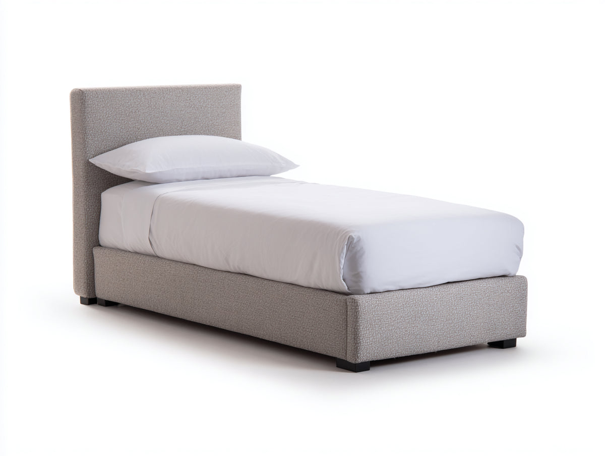 Einzelbett aus Holzwerkstoff und Stoff 207x104x106 cm - Grau-Schwarz - Gepolsterter Bettrahmen mit hohem Kopfteil im modernen Stil für Schlafzimmer