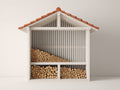 Kaminholzregal aus Holz 200x65x230 cm - Weiß-Terrakotta - mit Satteldach und 3 Lagerbereichen