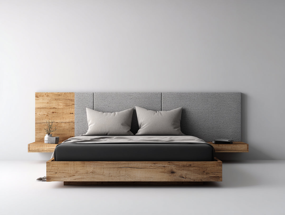 Doppelbett aus Holzwerkstoff und Stoff 220x200x110 cm - Naturfarben-Grau - Gepolstertes Kopfteil mit integrierten Ablagen im modernen Stil für Schlafzimmer