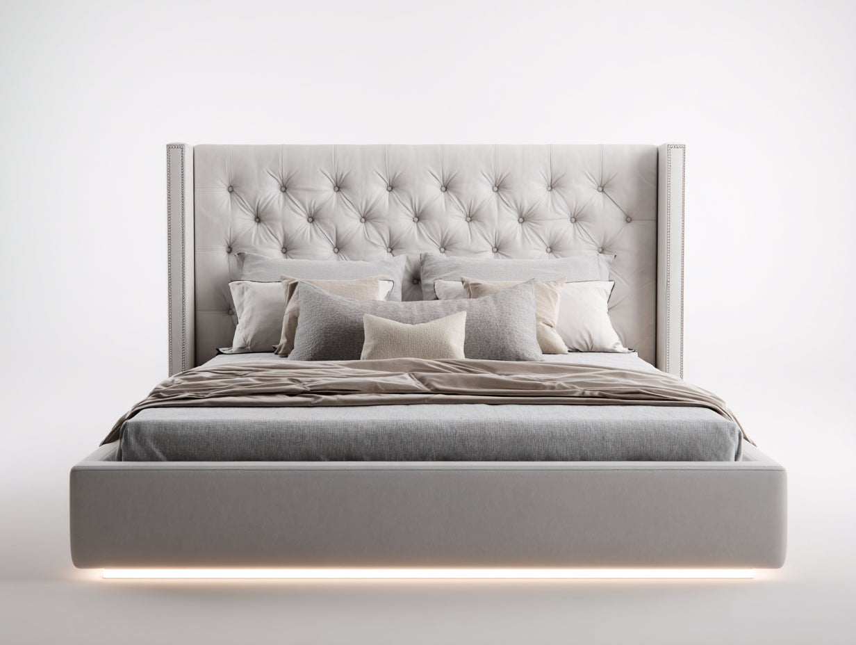 Doppelbett mit Kunstlederbezug 220x210x145 cm Grau mit Chesterfield-Kopfteil und LED-Beleuchtung