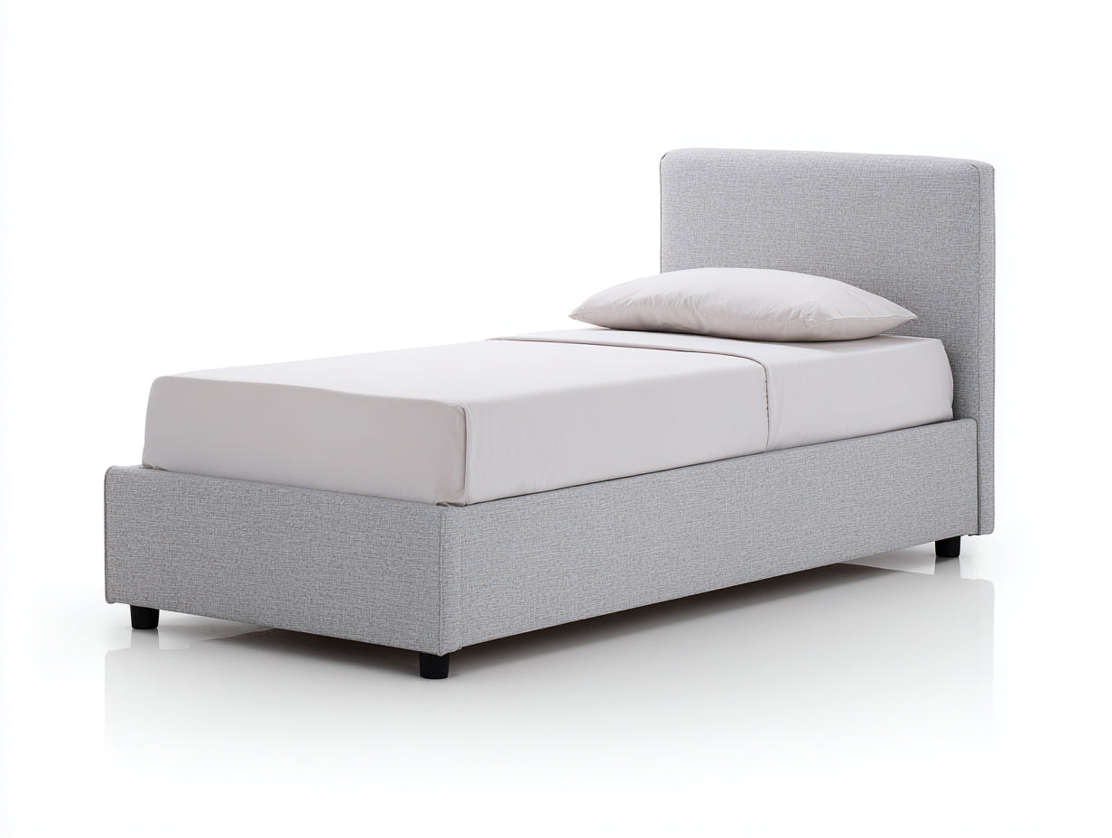 Einzelbett aus Holzwerkstoff und Stoff 205x105x108 cm - Hellgrau-Schwarz - Gepolsterter Bettrahmen mit hohem Kopfteil im modernen Stil für Schlafzimmer