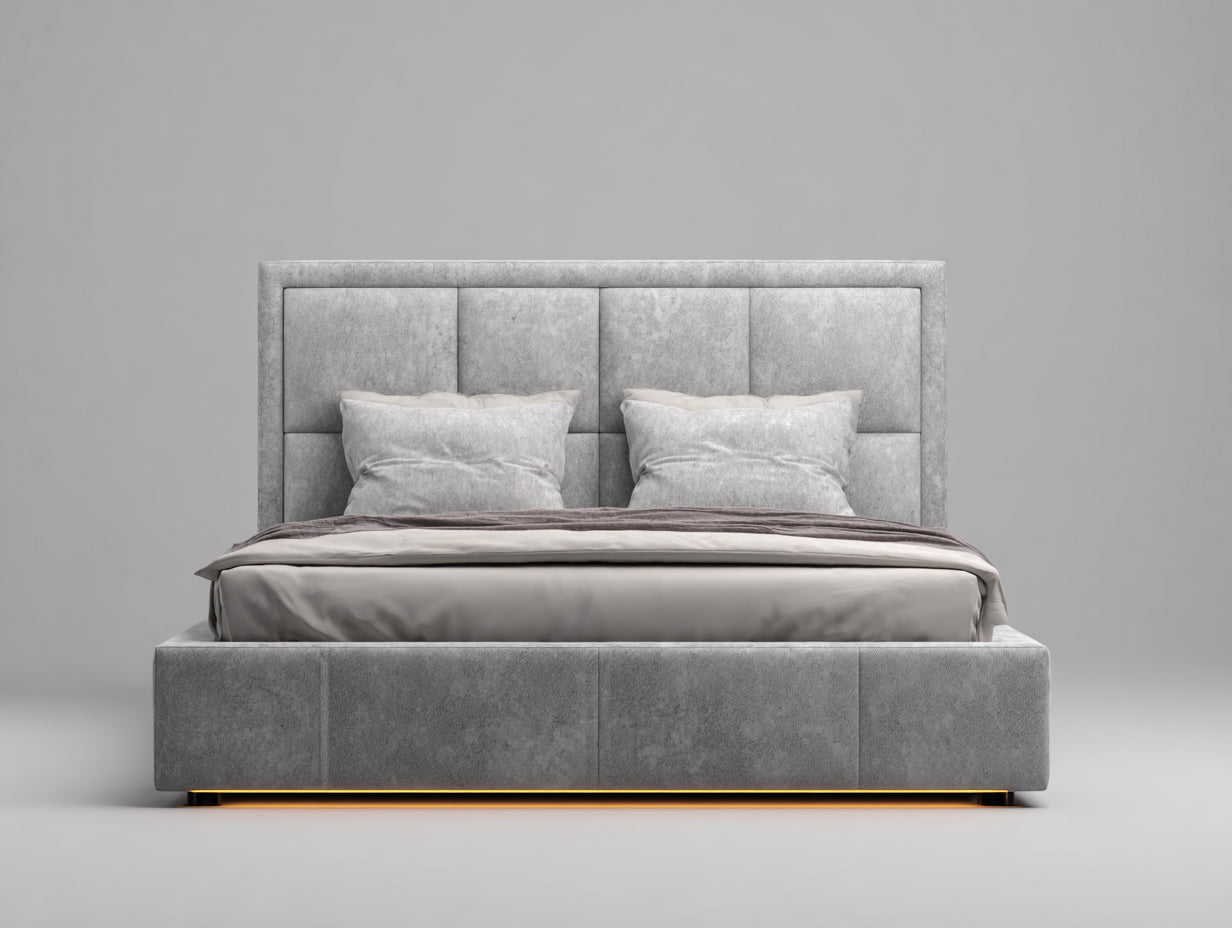 Doppelbett aus Stoff mit 220 x 220 x 130 cm - Grauer gepolsterter Bezug mit modernem Kopfteil - Elegantes Design für Schlafzimmer