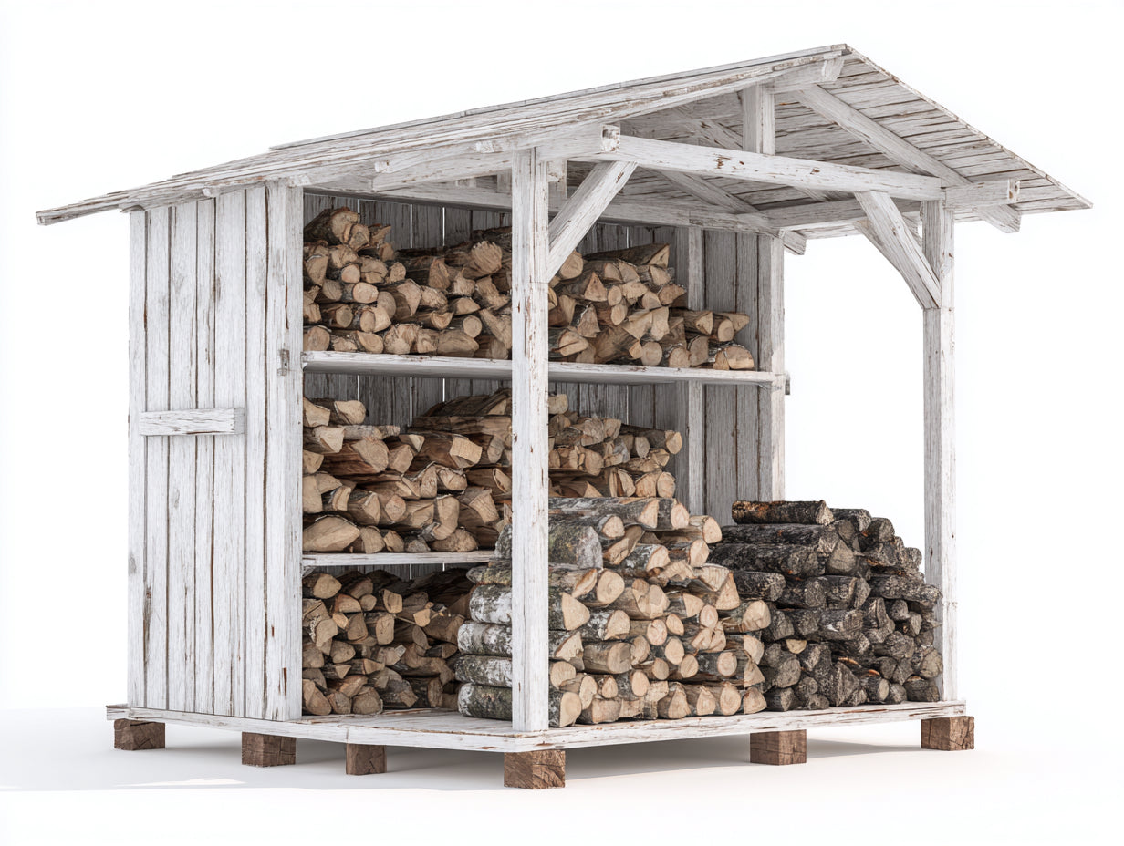 Kaminholzregal aus Holz 230x110x225 cm - Antikweiß-Naturfarben - Überdachte Konstruktion mit fünf Lagerbereichen im rustikalen Landhausstil für Garten und Terrasse