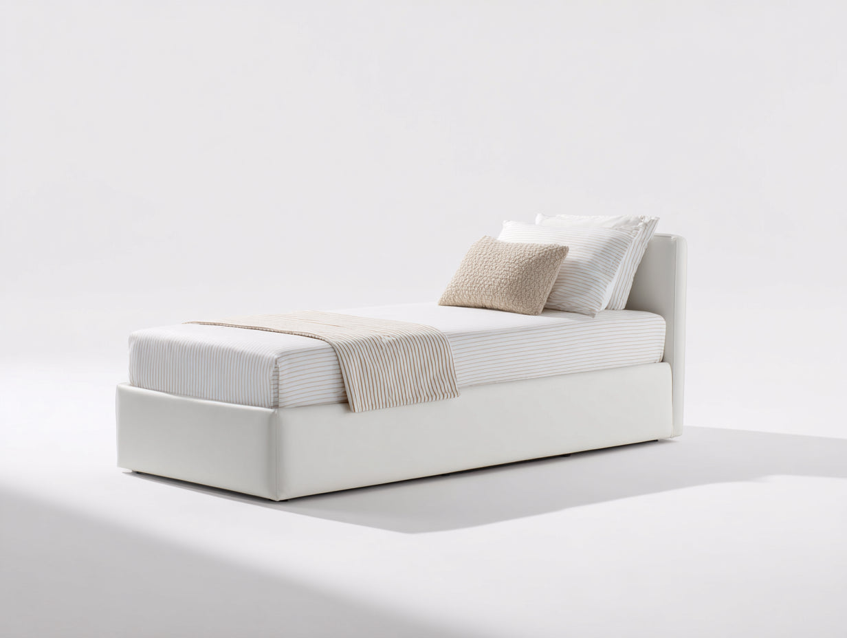 Einzelbett aus Holzwerkstoff und Kunstleder 208x106x101 cm - Weiß - Gepolsterter Bettrahmen mit kompaktem Kopfteil im minimalistischen Stil für Schlafzimmer