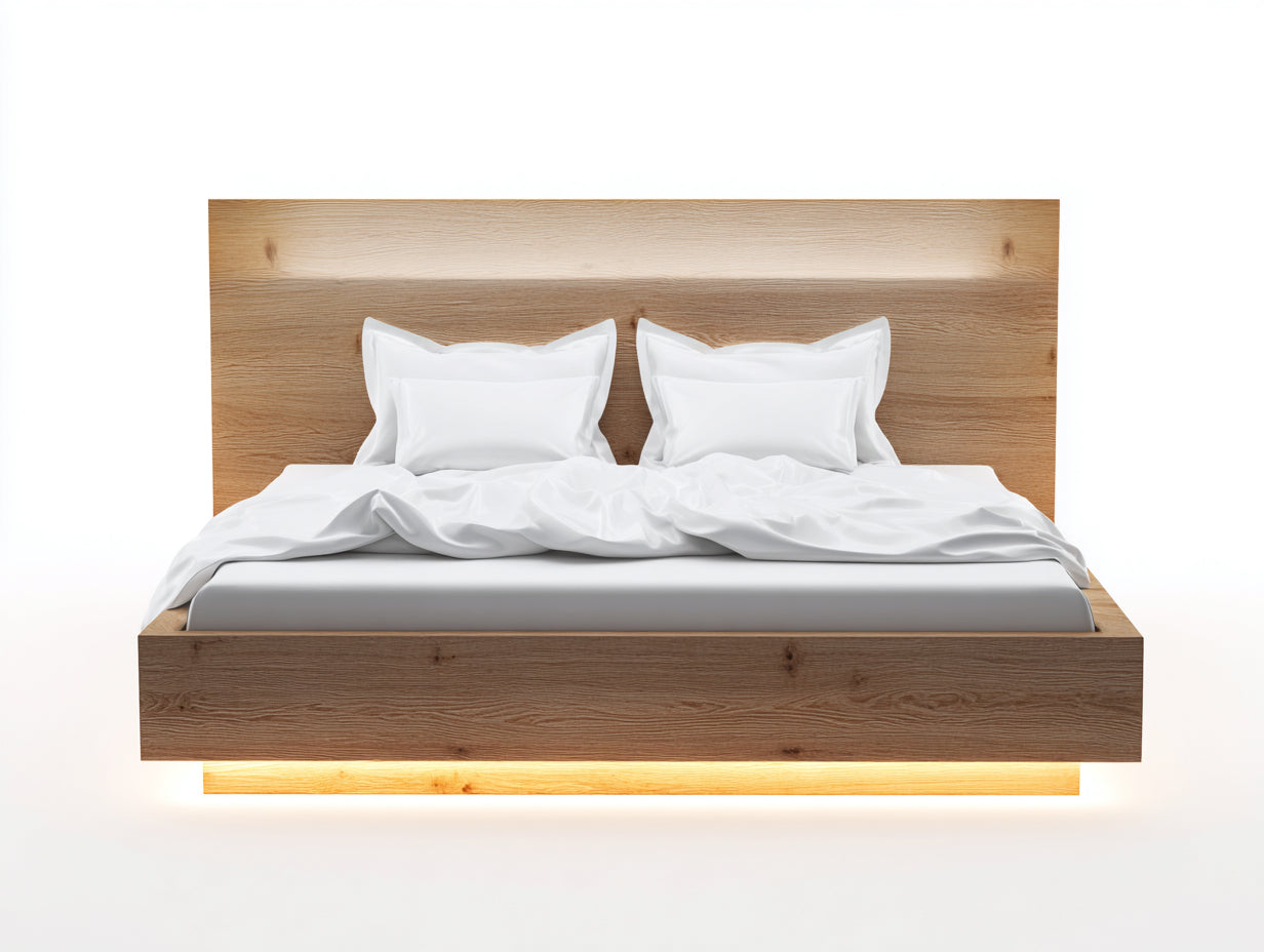 Doppelbett aus Holzwerkstoff mit 220 x 220 x 130 cm - Eichefarbene Oberfläche mit modernem Kopfteil - Gemütliches Design für Schlafzimmer