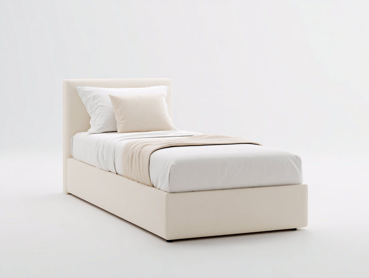 Einzelbett aus Kunstleder mit 213 x 98 x 102 cm - Cremeweißer gepolsterter Bezug mit modernem Kopfteil - Minimalistisches Design für Schlafzimmer