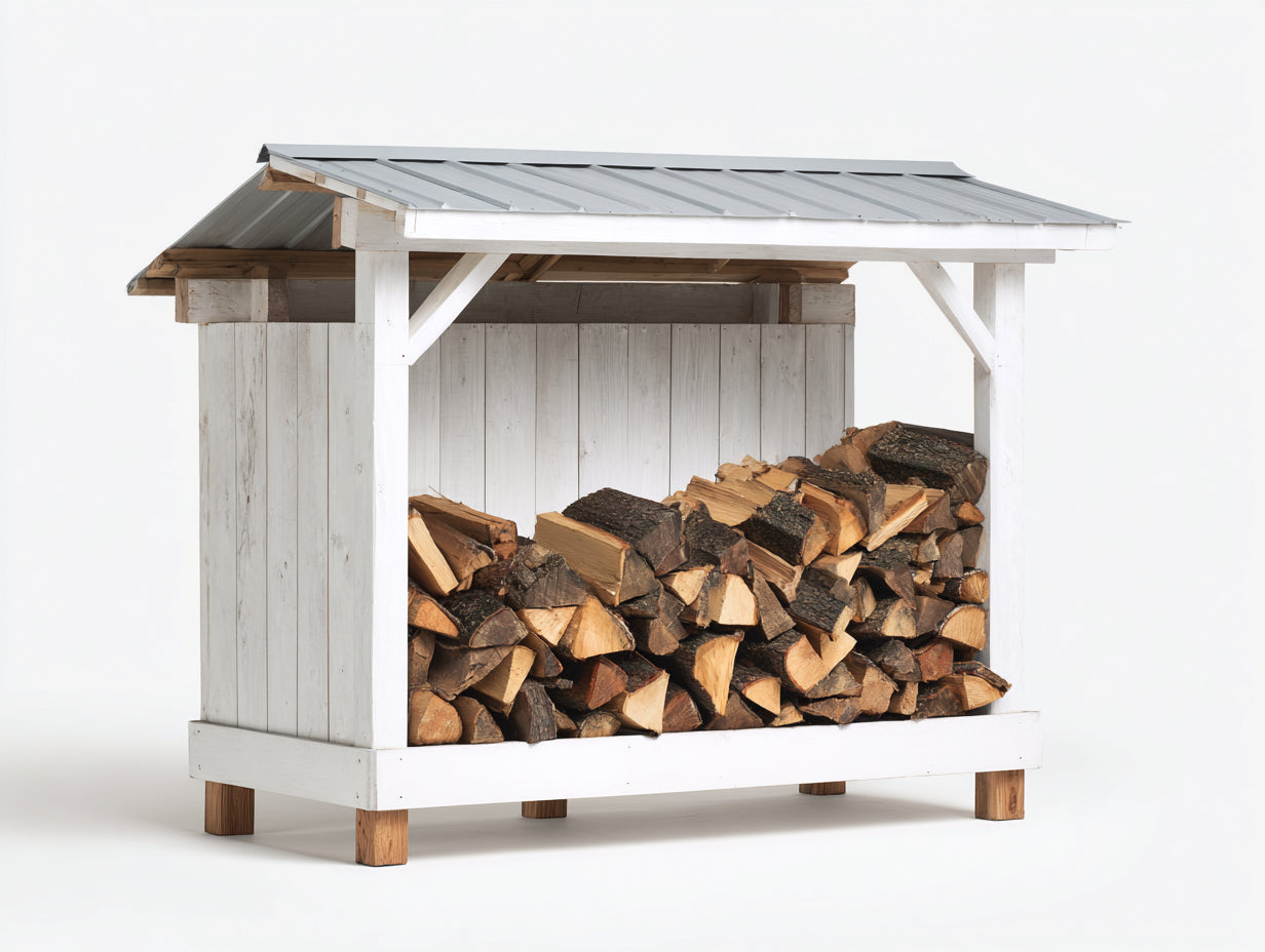 Kaminholzregal aus Holz und Metall 175x72x185 cm - Weiß-Naturfarben-Silbergrau - Überdachte Konstruktion mit erhöhtem Lagerbereich im modernen Landhausstil für Garten und Terrasse