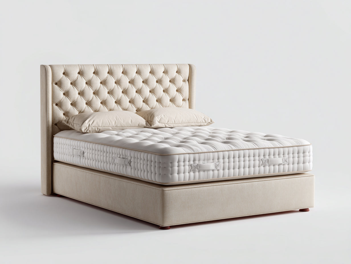Doppelbett mit Textilbezug 215x190x125 cm - Beige - gepolstertes Kopfteil mit Knopfheftung