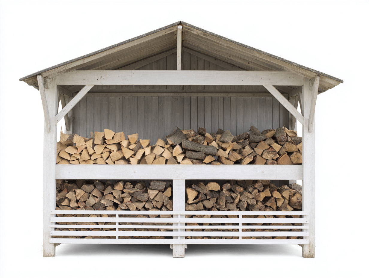 Kaminholzregal aus Holz 240x85x225 cm Weiß-Natur mit 3 Lagerfächern und Satteldach