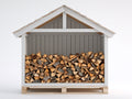 Kaminholzregal aus Holz 200x80x220 cm Weiß-Natur mit Satteldach und erhöhtem Boden