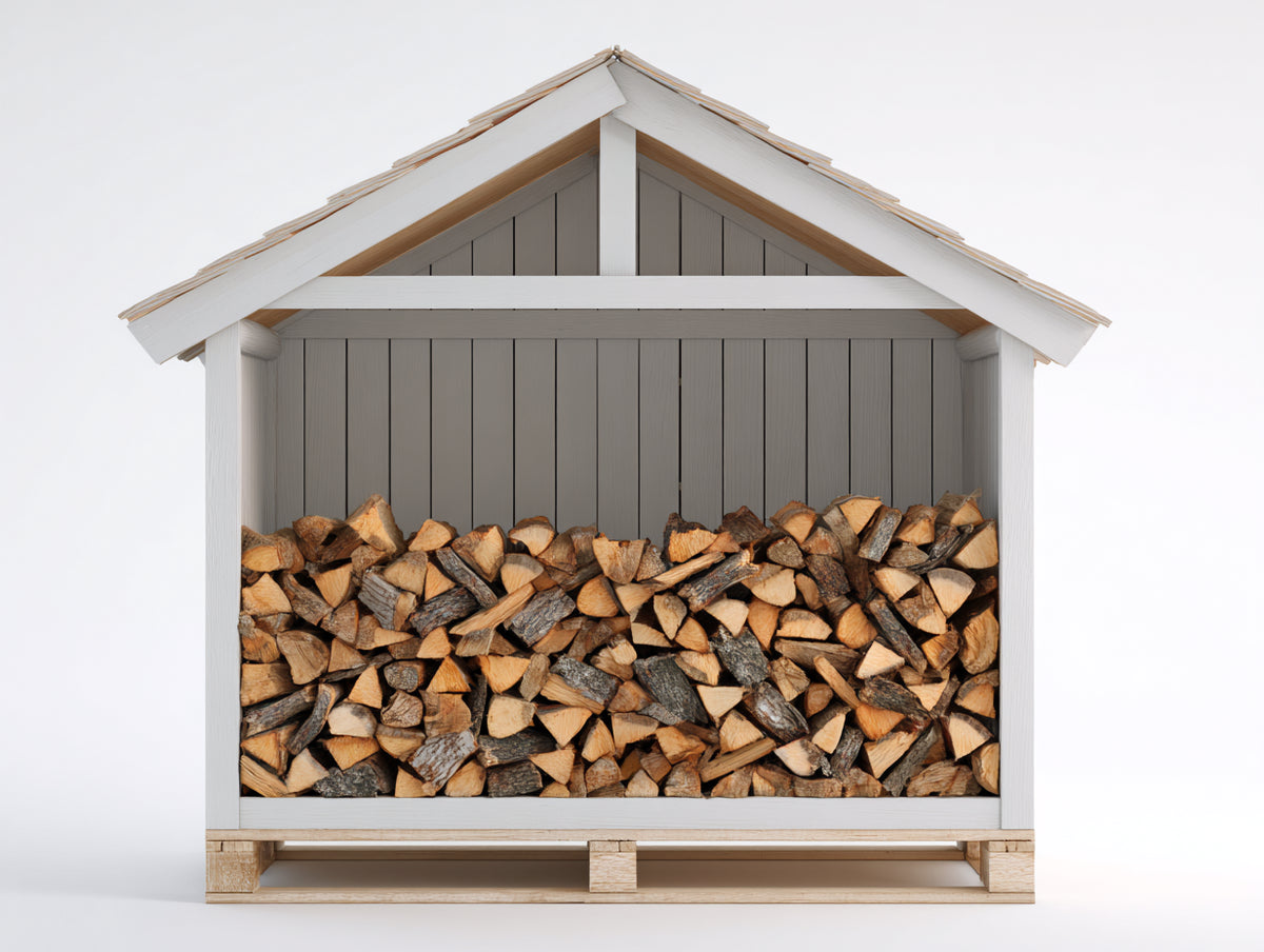 Kaminholzregal aus Holz 200x80x220 cm Weiß-Natur mit Satteldach und erhöhtem Boden