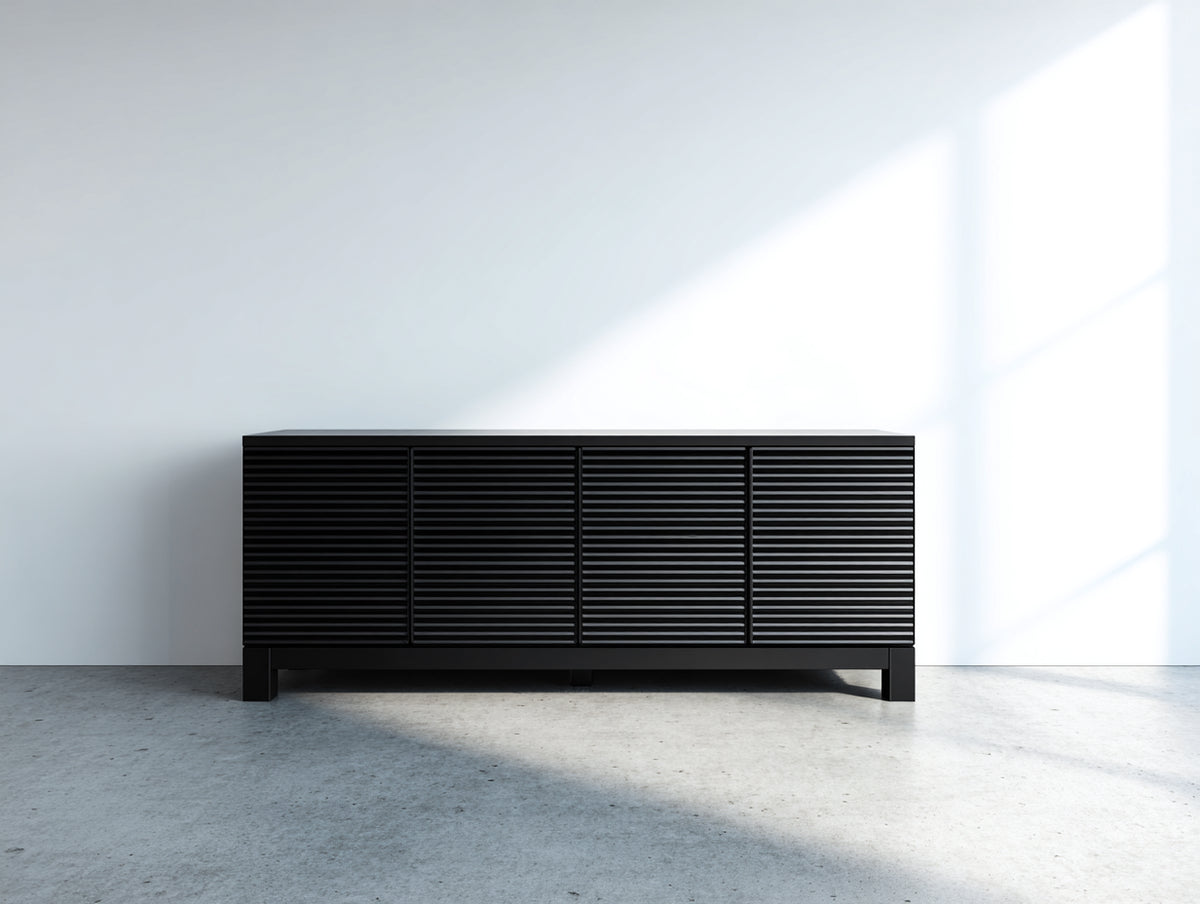 Dielenschränke aus Holzwerkstoff 170x42x82 cm - Schwarz - Vier Lamellentüren im modernen Stil für Flur und Wohnbereich