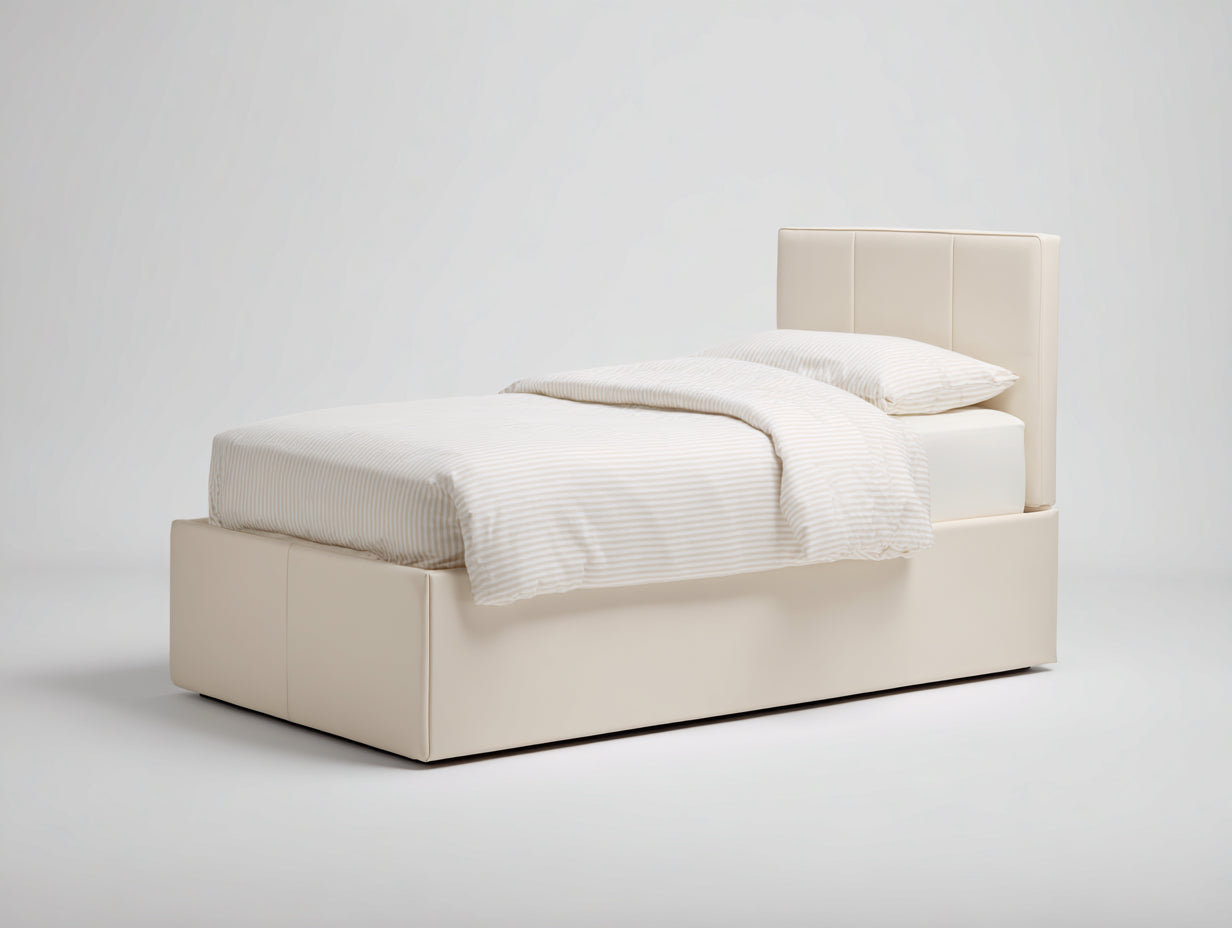 Einzelbett aus Holzwerkstoff und Kunstleder 210x108x104 cm - Cremeweiß - Gepolsterter Bettrahmen mit dreigeteiltem Kopfteil im modernen Stil für Schlafzimmer