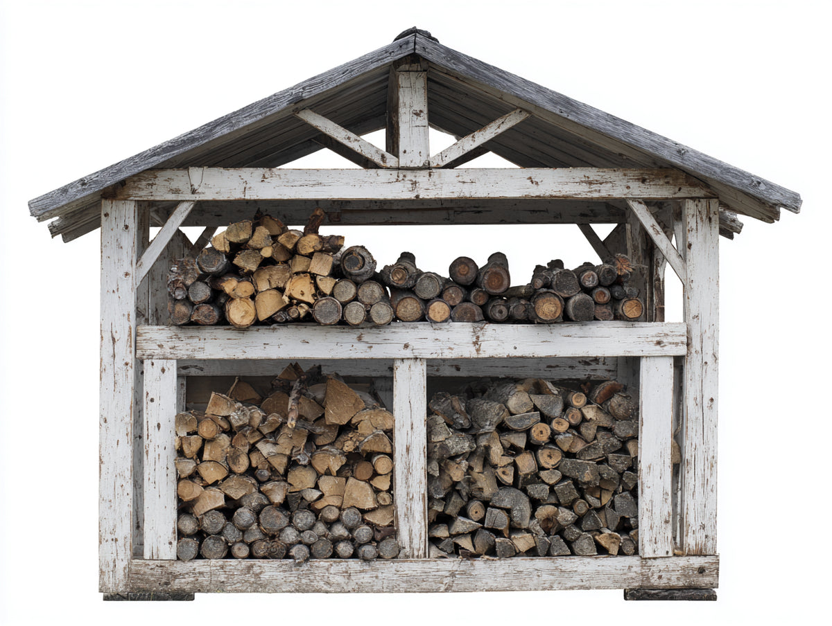 Kaminholzregal aus Holz 205x78x215 cm - Antikweiß-Grau - Überdachte Konstruktion mit drei Lagerbereichen im rustikalen Landhausstil für Garten und Terrasse