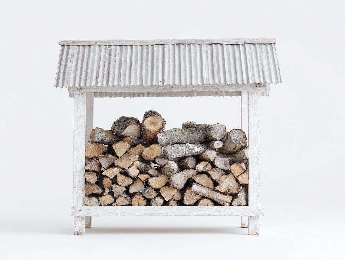 Kaminholzregal aus Holz mit 200 x 70 x 150 cm - Weiße Oberfläche mit offenem Lagerbereich und Wellblechdach - Praktische Holzlagerung für den Außenbereich