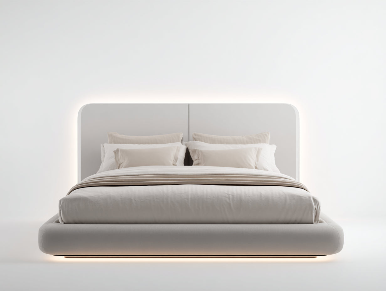 Doppelbett aus Holzwerkstoff und Stoff 218x198x112 cm - Hellgrau - Gepolsterter Rahmen mit hohem Kopfteil und indirekter Beleuchtung im modernen Stil für Schlafzimmer