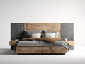 Doppelbett aus Holzwerkstoff 280x220x120 cm Natur-Grau mit breitem Kopfteil und Ablageflächen