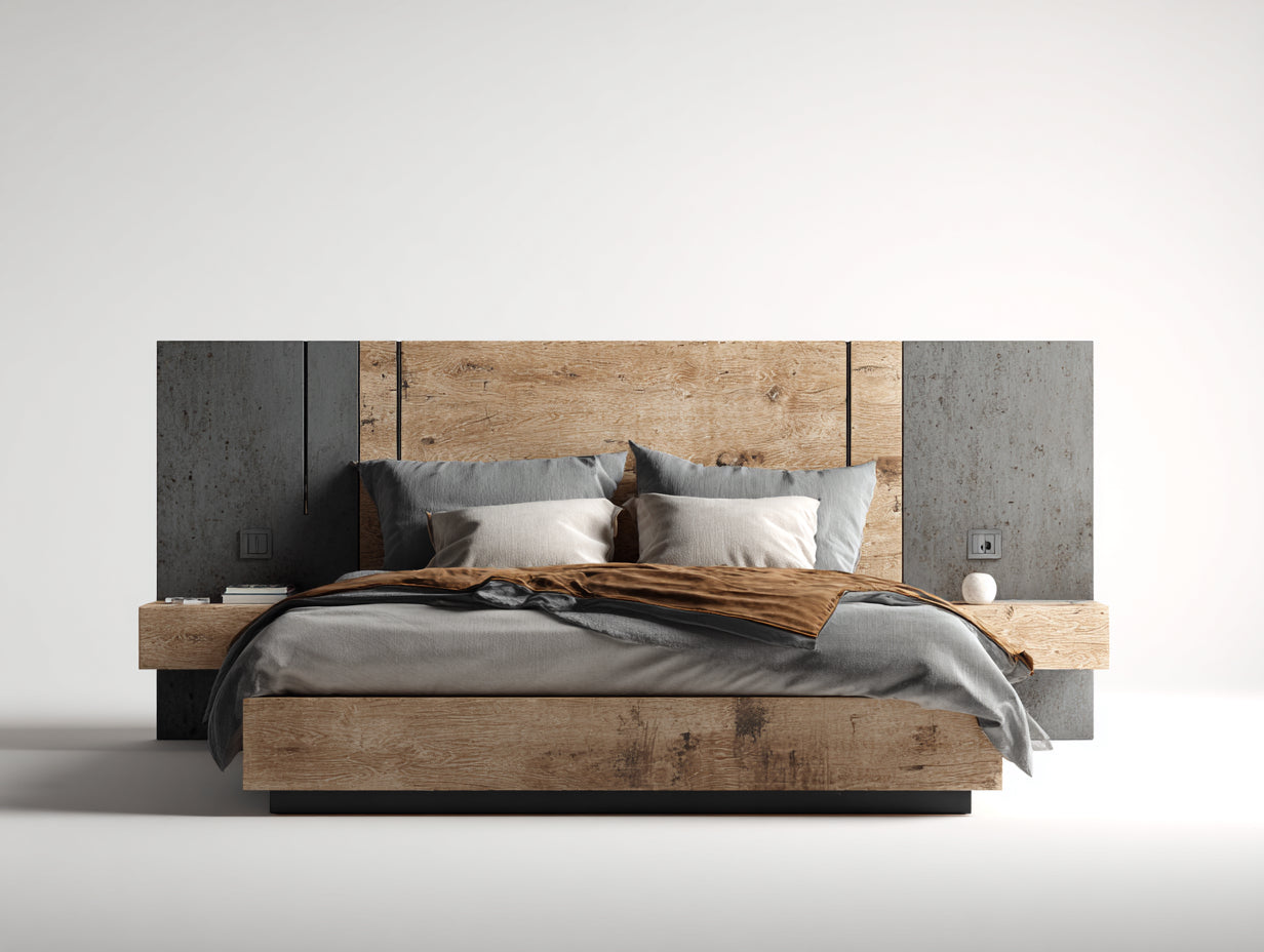 Doppelbett aus Holzwerkstoff 280x220x120 cm Natur-Grau mit breitem Kopfteil und Ablageflächen